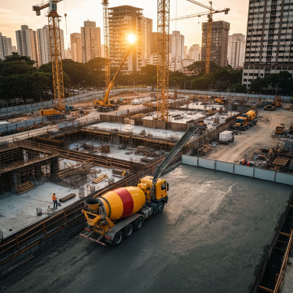 Caminhao betoneira despejando concreto usinado em obra